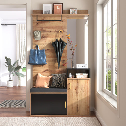 Elegantes Garderoben-Set Schwarz & Holz mit Spiegel, Schuhschrank, Sitzbank und Garderobenhaken – Komplett für stilvollen und organisierten Eingangsbereich