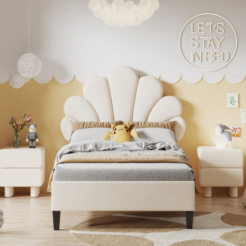 Polsterbett Kinderbett 90 x 200 cm mit Blumen-Kopfteil – Samtstoff, Lattenrost, robustes Teenie-Mädchenbett in Beige