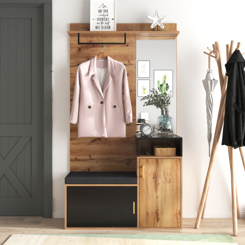 Elegantes Garderoben-Set Schwarz & Holz mit Spiegel, Schuhschrank, Sitzbank und Garderobenhaken – Komplett für stilvollen und organisierten Eingangsbereich