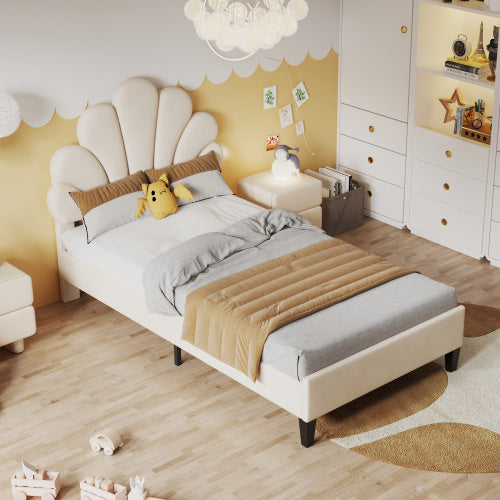 Polsterbett Kinderbett 90 x 200 cm mit Blumen-Kopfteil – Samtstoff, Lattenrost, robustes Teenie-Mädchenbett in Beige