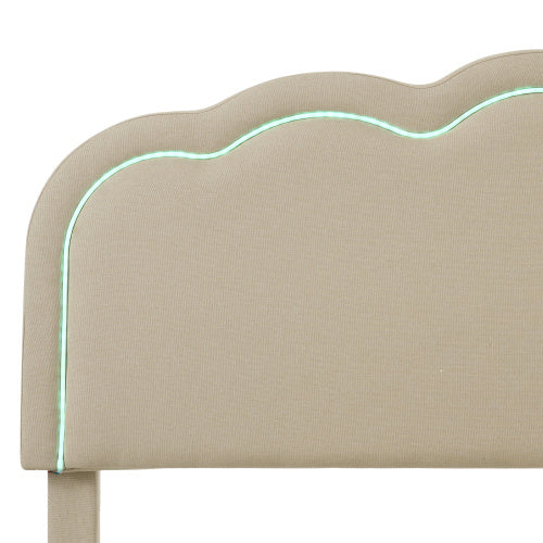Polsterbett 90 x 200 cm mit verstellbarem LED-Kopfteil – Gepolstertes Einzelbett in Beige aus Leinenmaterial