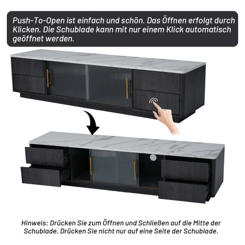 160 cm Deluxe TV-Stand für bis zu 70" TV – Grau mit Marmoroptik-Tischplatte, Kabelmanagement & Push-to-Open Schubladen