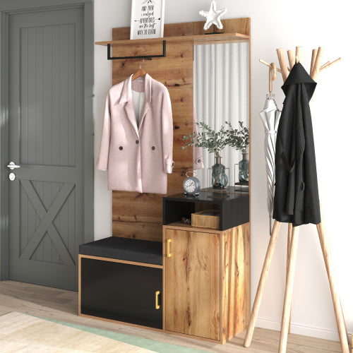 Elegantes Garderoben-Set Schwarz & Holz mit Spiegel, Schuhschrank, Sitzbank und Garderobenhaken – Komplett für stilvollen und organisierten Eingangsbereich
