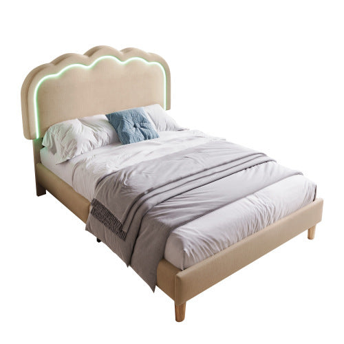 Polsterbett 90 x 200 cm mit verstellbarem LED-Kopfteil – Gepolstertes Einzelbett in Beige aus Leinenmaterial