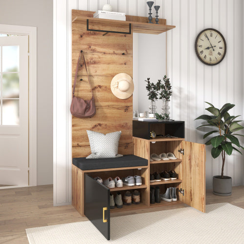 Elegantes Garderoben-Set Schwarz & Holz mit Spiegel, Schuhschrank, Sitzbank und Garderobenhaken – Komplett für stilvollen und organisierten Eingangsbereich