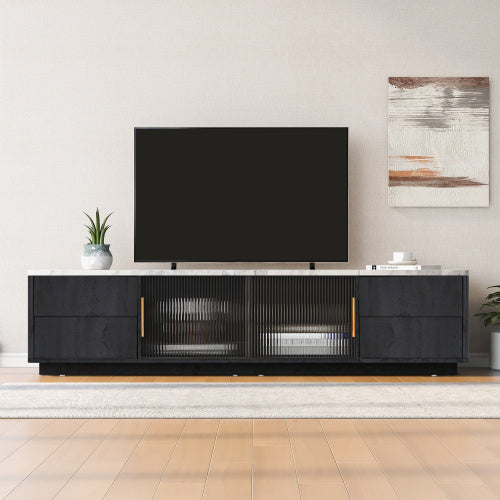 160 cm Deluxe TV-Stand für bis zu 70" TV – Grau mit Marmoroptik-Tischplatte, Kabelmanagement & Push-to-Open Schubladen