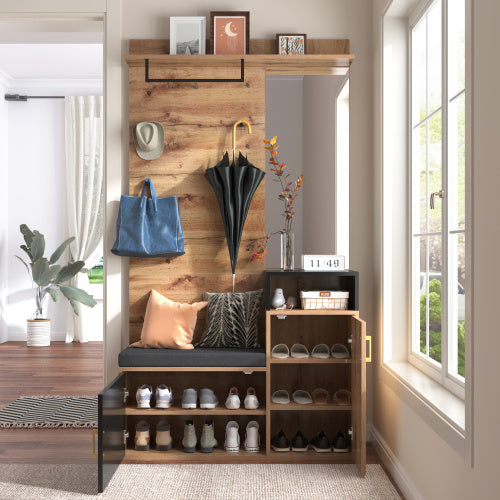 Elegantes Garderoben-Set Schwarz & Holz mit Spiegel, Schuhschrank, Sitzbank und Garderobenhaken – Komplett für stilvollen und organisierten Eingangsbereich