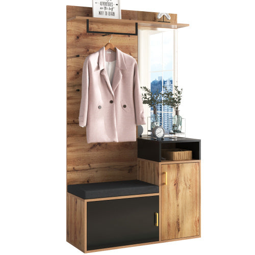 Elegantes Garderoben-Set Schwarz & Holz mit Spiegel, Schuhschrank, Sitzbank und Garderobenhaken – Komplett für stilvollen und organisierten Eingangsbereich