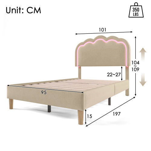 Polsterbett 90 x 200 cm mit verstellbarem LED-Kopfteil – Gepolstertes Einzelbett in Beige aus Leinenmaterial