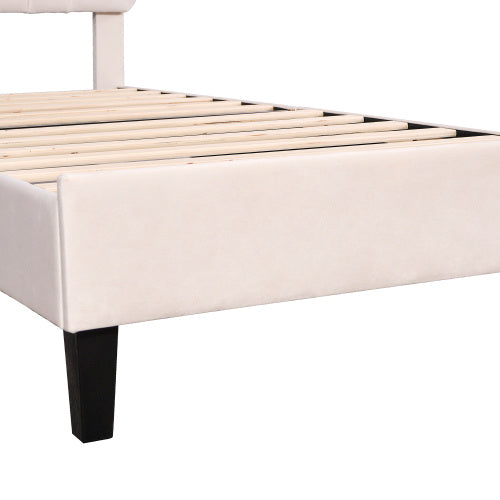 Polsterbett Kinderbett 90 x 200 cm mit Blumen-Kopfteil – Samtstoff, Lattenrost, robustes Teenie-Mädchenbett in Beige
