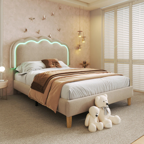 Polsterbett 90 x 200 cm mit verstellbarem LED-Kopfteil – Gepolstertes Einzelbett in Beige aus Leinenmaterial