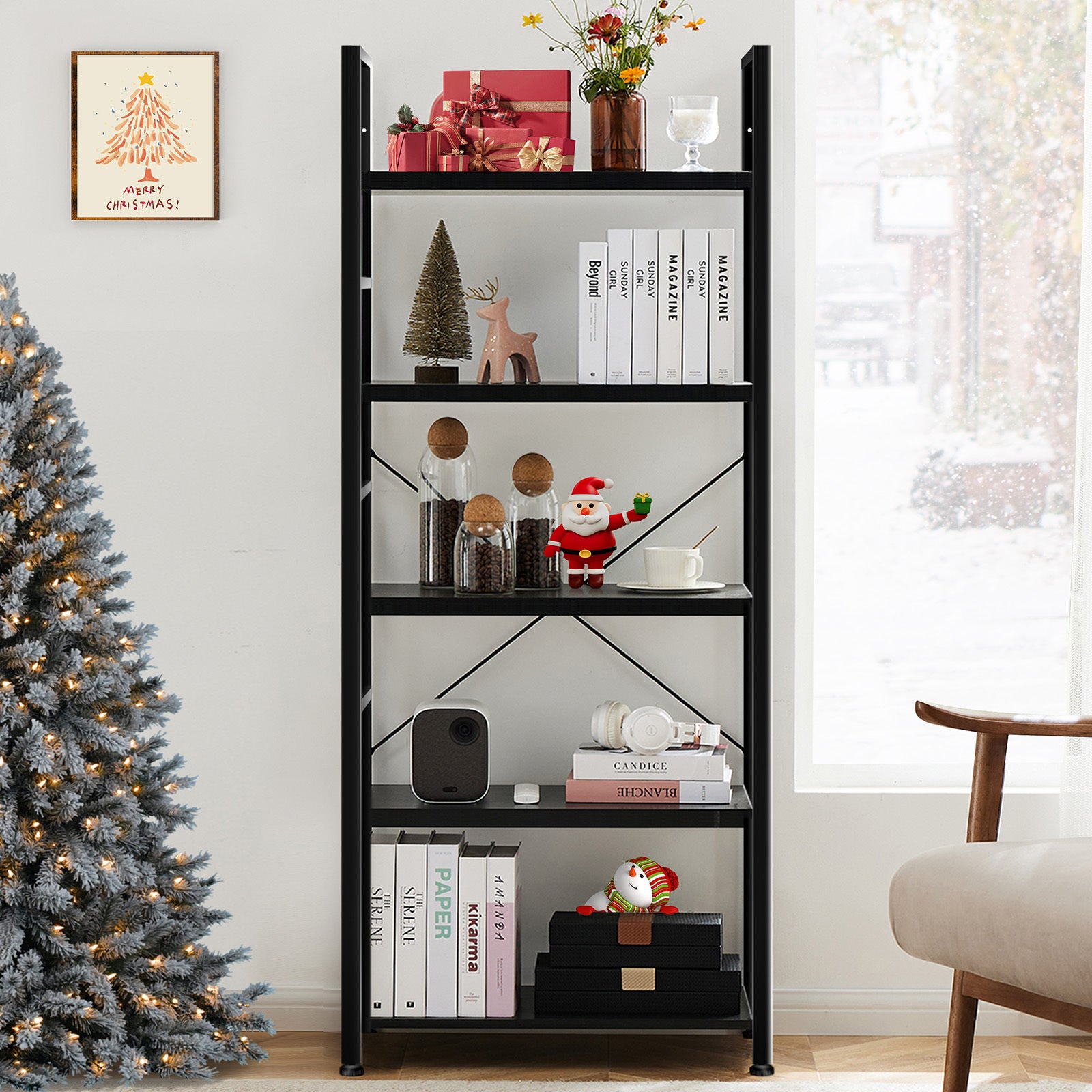 Platzsparendes 5-Tier Bücherregal mit Metallrahmen und Holzplatten – Stabil, Wasserabweisend & Modern (Schwarz oder Rost)