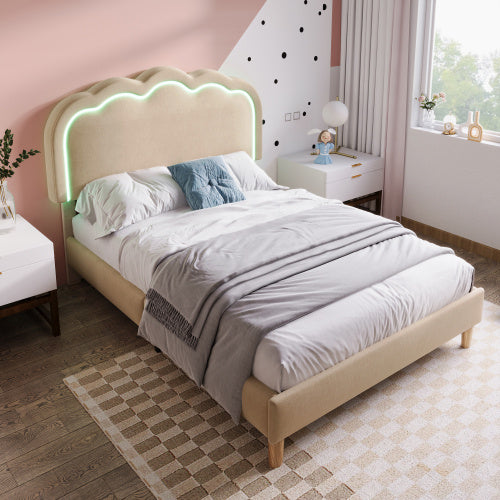 Polsterbett 90 x 200 cm mit verstellbarem LED-Kopfteil – Gepolstertes Einzelbett in Beige aus Leinenmaterial