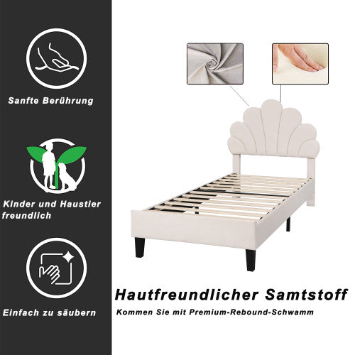 Polsterbett Kinderbett 90 x 200 cm mit Blumen-Kopfteil – Samtstoff, Lattenrost, robustes Teenie-Mädchenbett in Beige