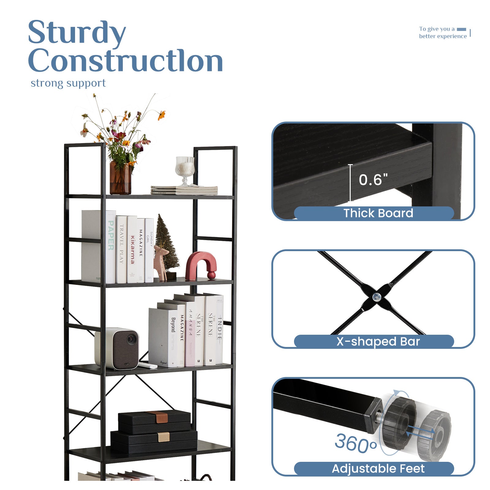 Platzsparendes 5-Tier Bücherregal mit Metallrahmen und Holzplatten – Stabil, Wasserabweisend & Modern (Schwarz oder Rost)