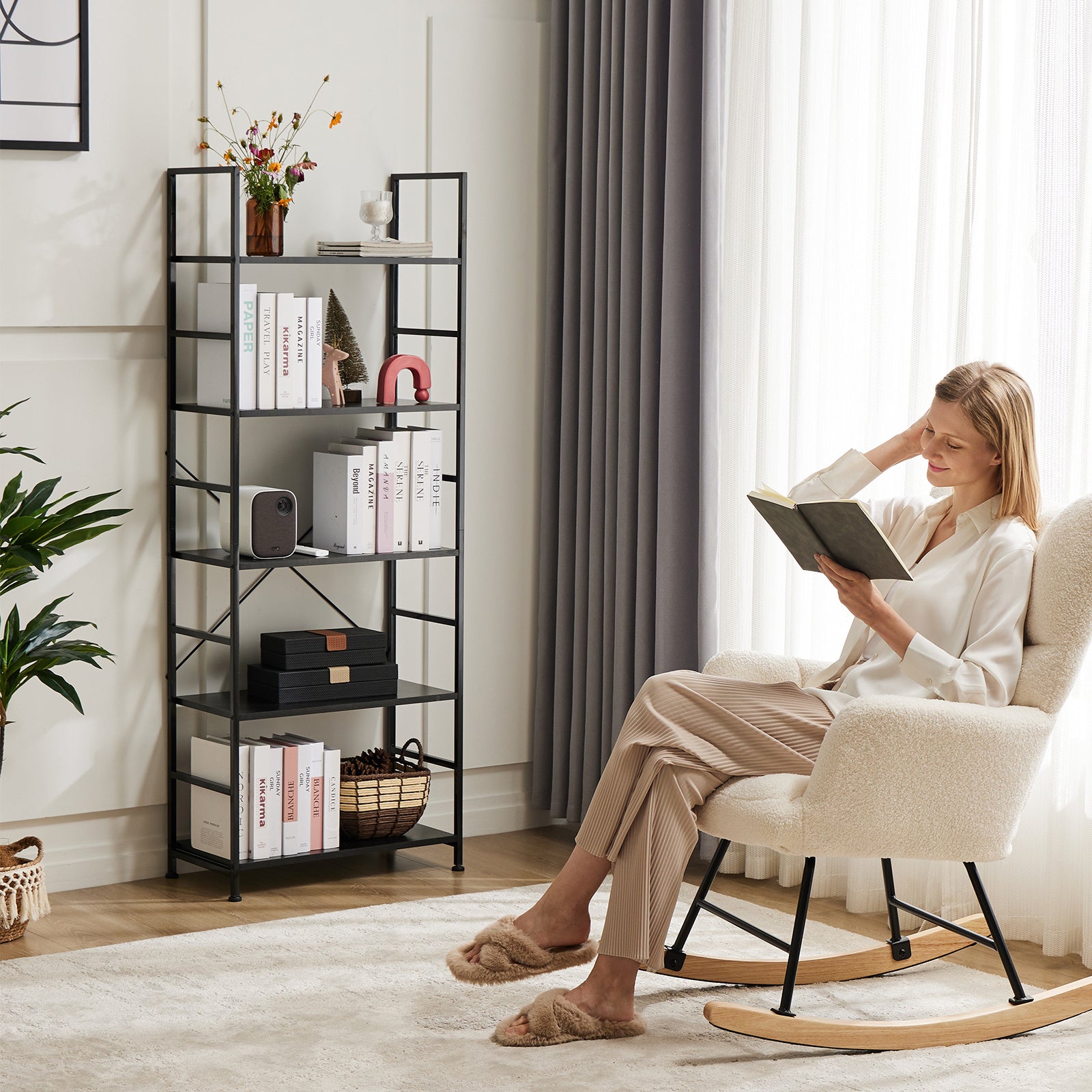Platzsparendes 5-Tier Bücherregal mit Metallrahmen und Holzplatten – Stabil, Wasserabweisend & Modern (Schwarz oder Rost)