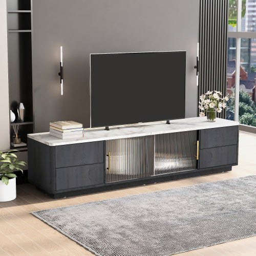 160 cm Deluxe TV-Stand für bis zu 70" TV – Grau mit Marmoroptik-Tischplatte, Kabelmanagement & Push-to-Open Schubladen