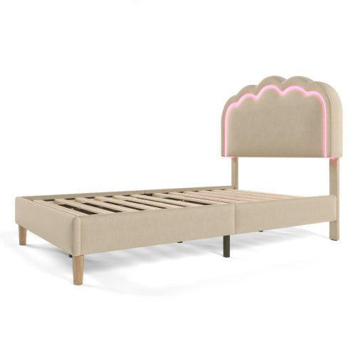 Polsterbett 90 x 200 cm mit verstellbarem LED-Kopfteil – Gepolstertes Einzelbett in Beige aus Leinenmaterial