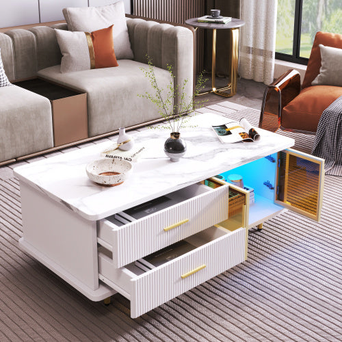 Moderner Couchtisch mit Marmoroptik, LED-Beleuchtung & Goldakzenten – Beistelltisch mit Schubladen und gehärtetem Glas