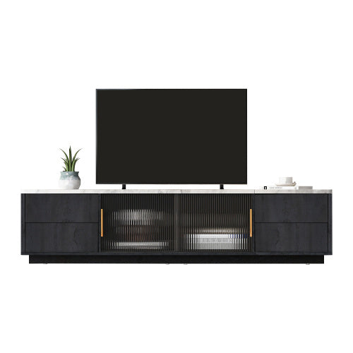 160 cm Deluxe TV-Stand für bis zu 70" TV – Grau mit Marmoroptik-Tischplatte, Kabelmanagement & Push-to-Open Schubladen