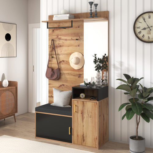 Elegantes Garderoben-Set Schwarz & Holz mit Spiegel, Schuhschrank, Sitzbank und Garderobenhaken – Komplett für stilvollen und organisierten Eingangsbereich