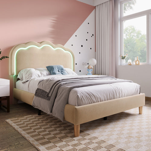 Polsterbett 90 x 200 cm mit verstellbarem LED-Kopfteil – Gepolstertes Einzelbett in Beige aus Leinenmaterial