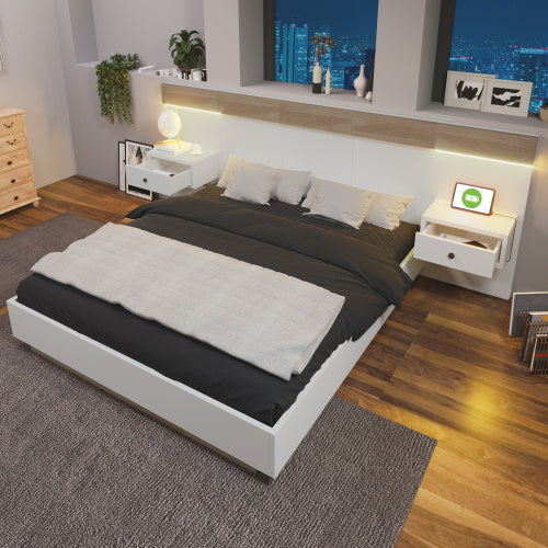Doppelbett 180 x 200 cm mit LED-Nachtkommoden & USB-C Steckdosen – Schlafzimmer-Set in Sonoma Eiche & Weiß, inkl. 2 Nachttischen