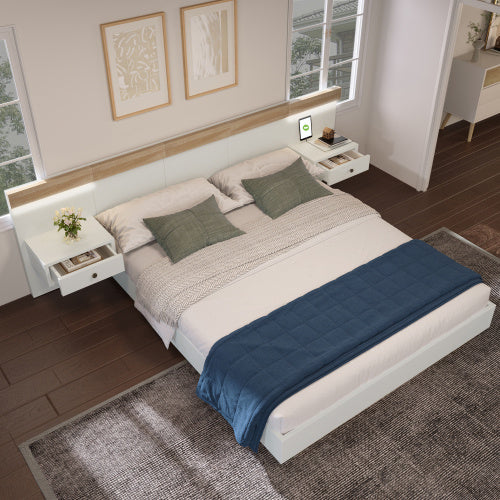 Doppelbett 180 x 200 cm mit LED-Nachtkommoden & USB-C Steckdosen – Schlafzimmer-Set in Sonoma Eiche & Weiß, inkl. 2 Nachttischen
