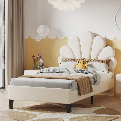 Polsterbett Kinderbett 90 x 200 cm mit Blumen-Kopfteil – Samtstoff, Lattenrost, robustes Teenie-Mädchenbett in Beige