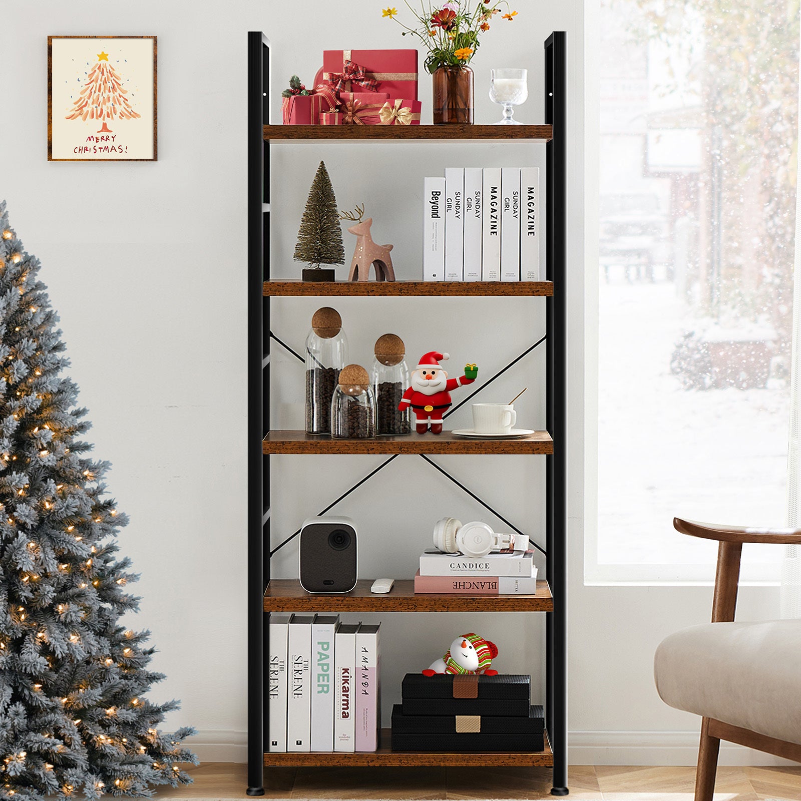 Platzsparendes 5-Tier Bücherregal mit Metallrahmen und Holzplatten – Stabil, Wasserabweisend & Modern (Schwarz oder Rost)