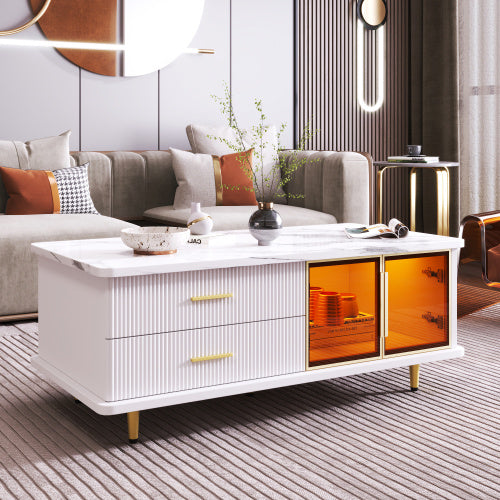 Moderner Couchtisch mit Marmoroptik, LED-Beleuchtung & Goldakzenten – Beistelltisch mit Schubladen und gehärtetem Glas