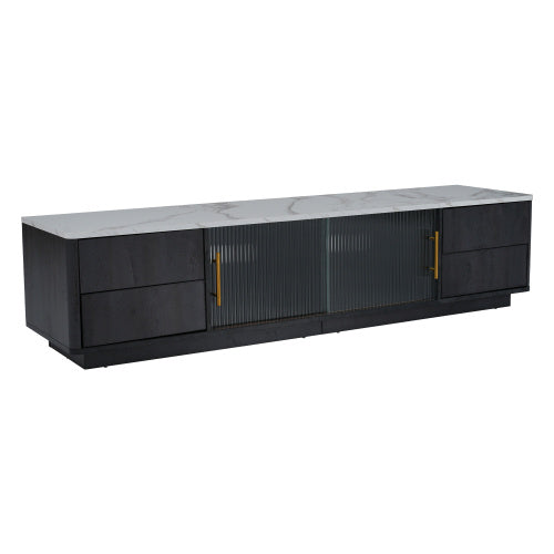 160 cm Deluxe TV-Stand für bis zu 70" TV – Grau mit Marmoroptik-Tischplatte, Kabelmanagement & Push-to-Open Schubladen