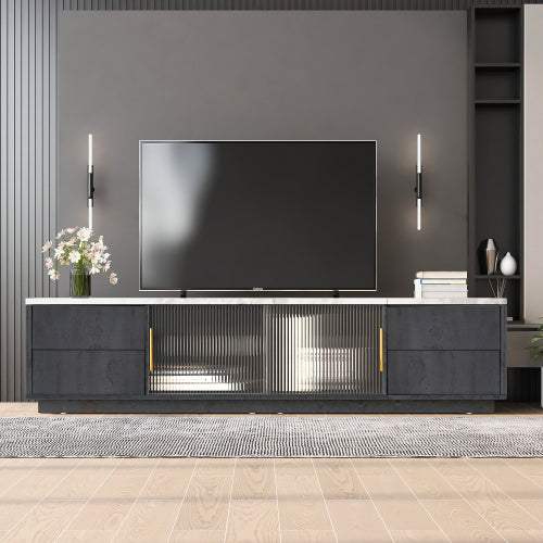 160 cm Deluxe TV-Stand für bis zu 70" TV – Grau mit Marmoroptik-Tischplatte, Kabelmanagement & Push-to-Open Schubladen