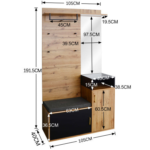 Elegantes Garderoben-Set Schwarz & Holz mit Spiegel, Schuhschrank, Sitzbank und Garderobenhaken – Komplett für stilvollen und organisierten Eingangsbereich